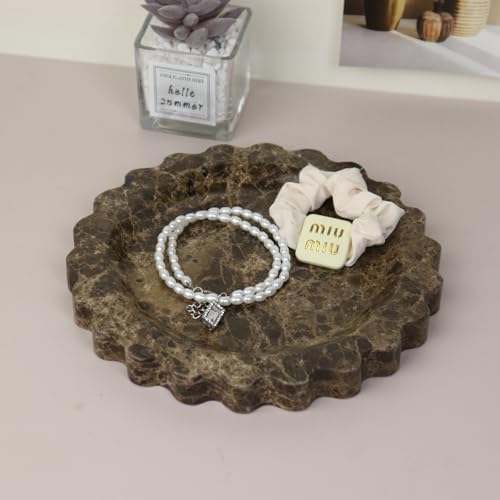 Round Marble Decorative Tray with Scalloped Edge, Luxury Natural Stone Bathroom Vanity Tray, Dresser Top Perfume Coffee 
