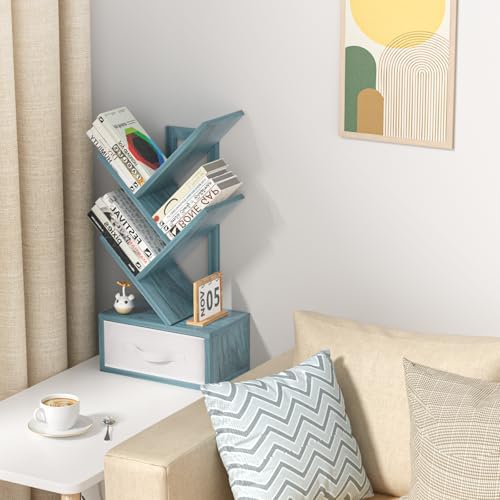 SHEEPAM 4-Tier Tree Bookshelf Small Bookcase with Drawer