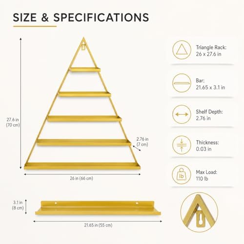 Gold Nail Polish Display Racks, 6-Piece Iron Triangle Wall-Mounted, 110lb Capacity, 26x2.76x27.6in for Salon and Home Or