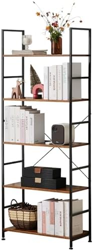 Book Shelf, 5-Tier Tall Bookcase, Bookshelf with Steel Frame, Modern Industrial Display Shelves, Corner Storage Organize