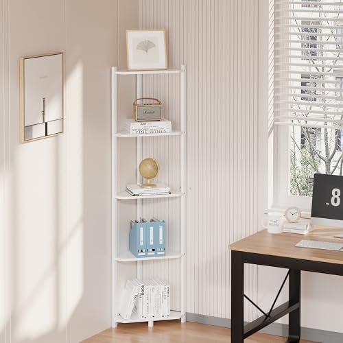 Wisuce Bamboo Tall Corner Shelf Stand, 5-Tier White Corner Bookshelf