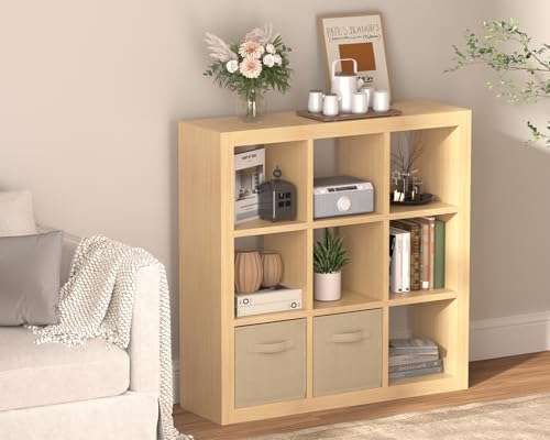 Bookshelf with Storage Bins, 9-Cube Storage Organizer Sturdy Wooden Bookcase Open Book Shelf, Multifunctional Cubicle Ra