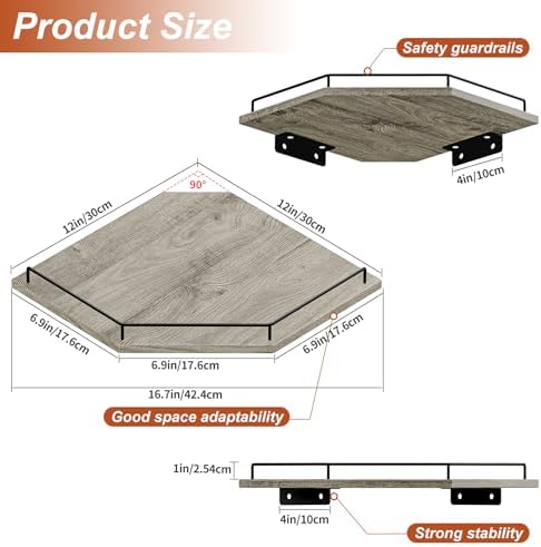 JJL Corner Shelf Wall Mounted, 12 Inches 2-Tier Floating Corner Shelf, Hexagon Rustic Wood Decor with Fence, Gray Wood G