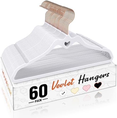 HOUSE DAY White Velvet Hangers 60 Pack, Non Slip Felt Hangers Heart-Shaped