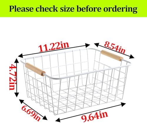 Metal White Wire Basket,Food Storage Organizer with Wooden Handles, pantry organizers and storage for Organizing Kitchen