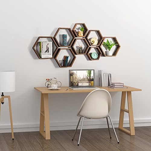 Hexagon Floating Shelves Set of 8 Wood Hexagonal Shelves Brown Wall Decor and Storage Racks for Living Room Floating Hon
