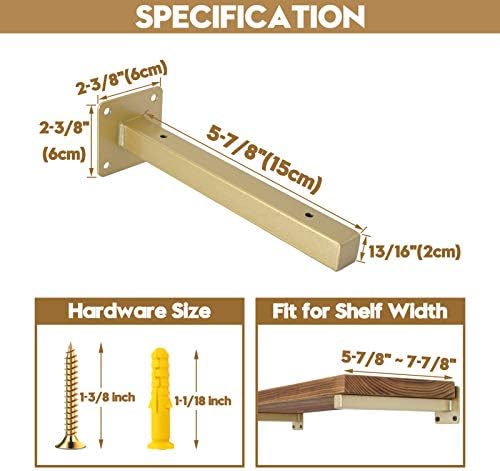 AddGrace 4 Pack Shelf Brackets Wall Mounted Gold Shelf Brackets Heavy Duty Metal Rustic Floating Shelf Bracket with Scre