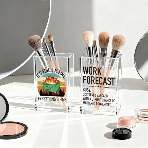 Everything's Fine Work Forecast Funny Acrylic Pencil Pen Holder Cup Set 2, Cute Pencil Holder Desk Organizer, Dumpster Fire Desk Accessories, Sarcastic Office Gifts for Women Men Coworkers
