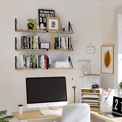 Floating Book Shelves Set of 3, Wall Bookshelf, 33 inch Long Wood Shelf for Wall Storage, Hanging Shelving for Bedroom, 