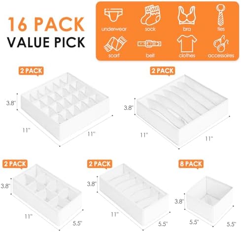 Criusia Drawer Organizer Clothes, 16 Pack Dresser Organizer Bins for Baby Clothes, Underwear Sock, Fabric Closet Organiz