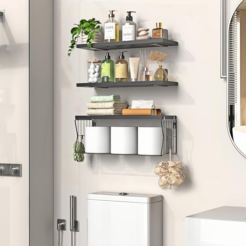 Floating Bathroom Shelves Wall Mounted - Wooden Shelf Set of 3 for Over Toilet Storage & Modern Bathroom Decor - Perfect