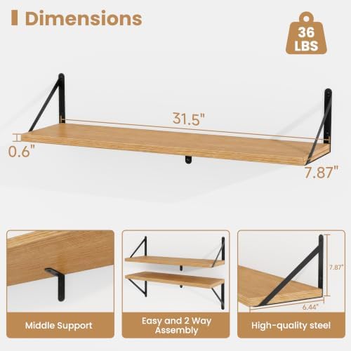 Heimlove Floating Book Shelves for Wall,31.5Inches Long Wall Mounted Bookshelves,Heavy Duty Bracket Shelves for Living R