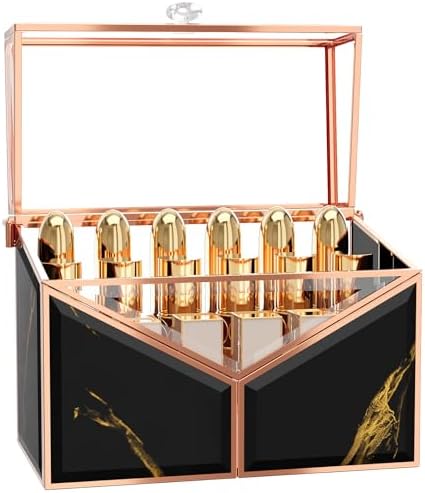 CoralHouse Lipstick Organizer - Black Glass Lipstick Holder & Nail Polish Organizer, 18-Slot Vanity Cosmetic Organizer w