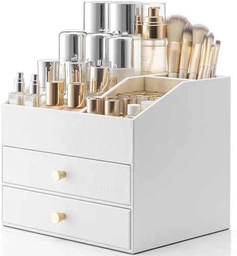VLANDO 3-Layer Makeup Organizer with 2 Large Drawers for Vanity,White