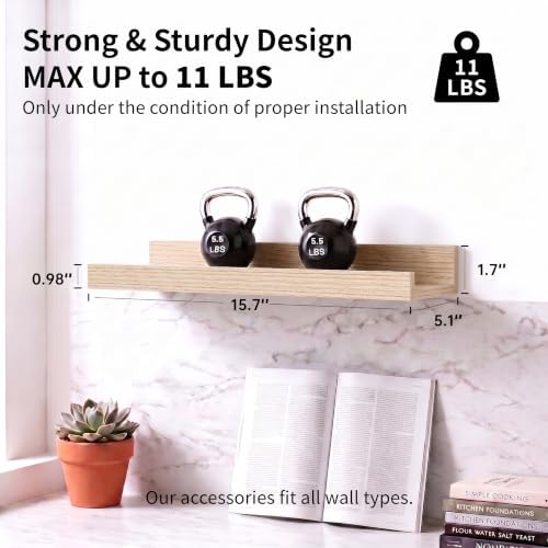 Oak Picture Ledge Shelves, 16 Inch Floating Wall Shelf Set of 2