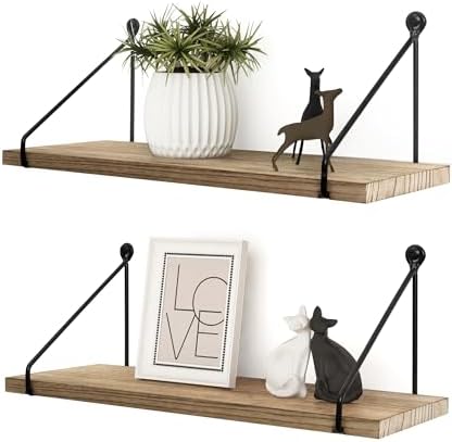 Afuly Rustic Floating Shelves for Wall, Wood Shelf with Brackets, Set of 2