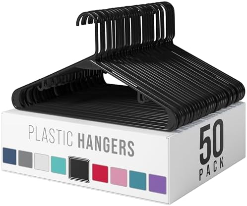 Plastic Hangers 50 Pack Black - Clothes Hangers - Makes The Perfect Coat Hanger and General Space Saving Hangers for Closet and New Apartment Essentials - Percheros Ganchos para Colgar Ropa Hangars