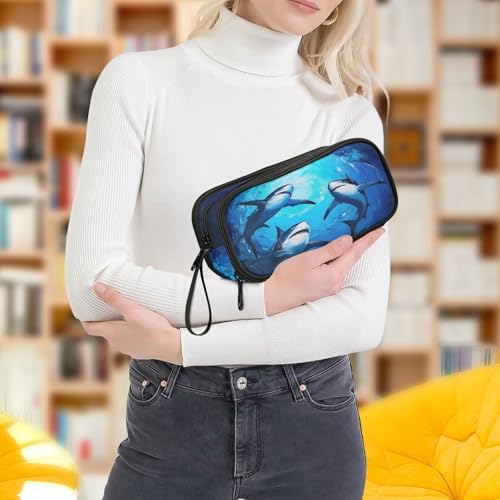 Wfrish Blue Shark Sea Pencil Case Big Capacity for Girl Boy Ocean Seawater Student Pencil bag Pen Pouch Large Stationery 3 Compartments Zippers Organizer School College Office Teens Adults