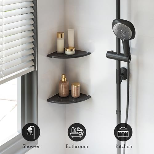 Lovdeco 2 Pcs Black Marble Corner Shelf, Nero Marquina Black Marble Corner Shower Shelf, Polished 9" Round Edge Corner S