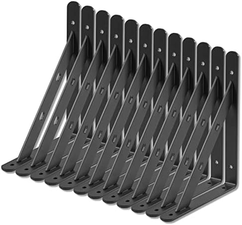 12 Pack 8" x 6" Heavy Duty Aluminum Alloy Shelf Brackets, Max Load 360 lbs, Black, Wall Mount