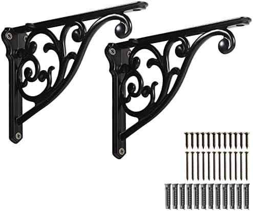 2 Pack 8 Inch Shelf Brackets, Black Shelf Brackets,Metal Bracket for Shelves Ornate Heavy Duty Decorative wall Brackets 