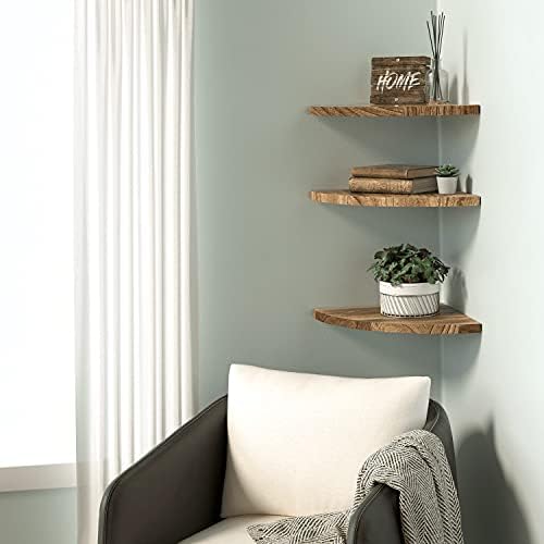 Wall Mounted Rustic Wood Round Edge Corner Shelf Storage Rack, Bookcase, Floating Shelves Home Decor for Bedroom, Living