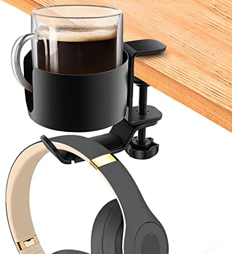 OOKUU 2 in 1 Desk Cup Holder with Headphone Hanger, Anti-Spill Cup Holder for Desk or Table, Easy to Install, Sturdy and Durable, Enough to Hold Coffee Mups, Water Bottles, Headphones