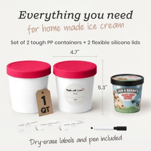 StarPack Freeze The Day Homemade Ice Cream Containers (2-Pack, 1 Quart) - Airtight Silicone Lids, BPA-Free Reusable Polypropylene Freezer Containers with Dry Erase Pen and Labels, Red and White