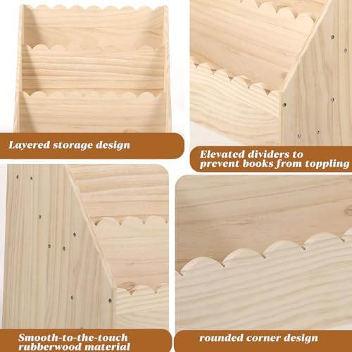 Bookcases Scalloped Book Shelf for Kids 3-Tier Wooden Bookshelf Montessori Style Display Shelf Durable Bookcase Book Org