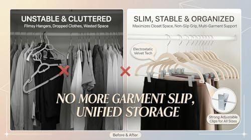 Velvet Pants Skirt Hangers with Clips - Pack of 20 Beige Shirt Clothes Felt Non Slip Heavy Duty Slim Hanger Set for Skirts Pant Suit Shorts Women Dress,Space Saving with Two Metal Clip