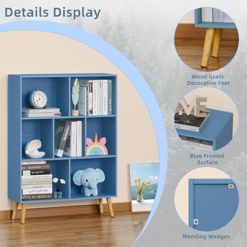 YAHARBO 7 Cube Bookshelf, Blue Kids Book Shelf with Cubby Storage,Wooden Modern Bookcase with Legs,3 Tier Freestanding D
