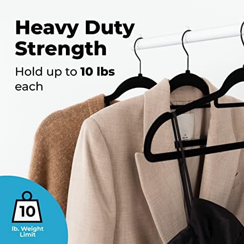 Fontaines Luxury Black Velvet Felt Non Slip Clothes Hangers 50 Pack - Ultra Slim & Space Saving - Heavy Duty Swivel Hook for Clothing, Suit, Top, Tie, Shirt, Skirt & Pant Organization