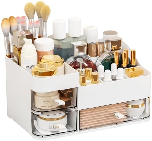 SuoXing White Make up Organizers for Vanity,Large Plastic Bathroom Counter Organizer With Drawers,Skincare Organizers an