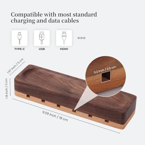 Magnetic Cord Holder with 6 Slots - Walnut & Beech Wood Cable Organizer for Lightning, USB, USB-C, Stick-on Design for D