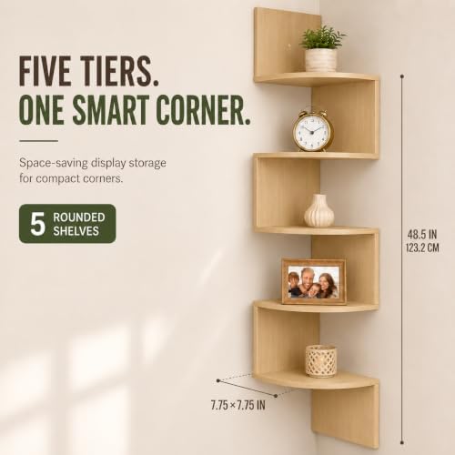 Greenco Corner Shelf, 5 Tier Floating Shelves for Wall - Room Decor Storage Solution for Offices, Bedrooms, Bathrooms, K