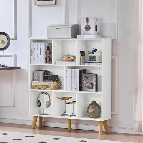 LEYAOYAO 8 Cube Bookshelf, Mid-Century Modern Book Shelf with Legs, White