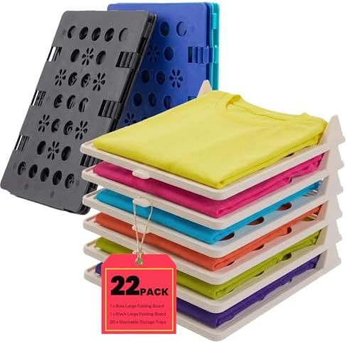 22 Pcs Clothes Organization Set - 2 Large Shirt Folding Board 27" X 23" & 20 Pack Stackable T-Shirt Organizer Trays, Dur