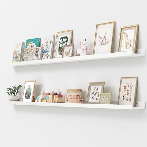 FLYJOE Picture Ledge Shelf, Floating Shelves Set of 2, Solid Ash Wood 72'' Long Large Nursery Book Shelves for Toys Storage, Kids Bookshelf for Living Room Bedroom Decor Books Photo Frames, White