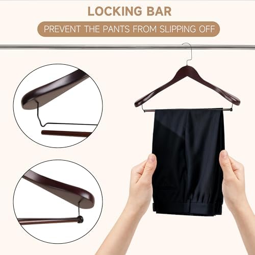 Wide Shoulder Wooden Hangers with Locking Bar, Dark Cherry, 36-Pack