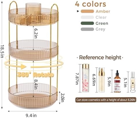 360° Rotating Makeup Organizer, Upgraded 3 Tier Skincare Perfume Organizers for Women, Bathroom Organizer Countertop, Cl