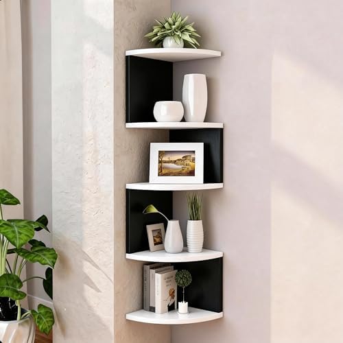 No-Drill Corner Shelf Wall Mount, 5-Tier Floating Corner Bookshelf with Hooks, Space-Saving Zigzag Plant Shelf for Bedro