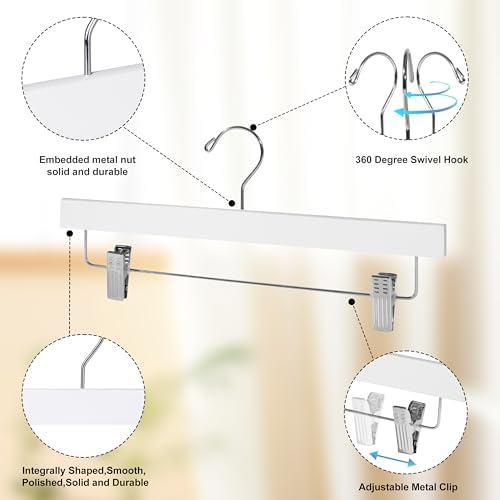 Quality Hangers Wooden Pants Hangers - 120-Pack Swivel Hook Cloth Hanger Set - Lotus Wood Skirt, Pant, Shorts and Slack Hangers with Adjustable Clip – Clothing Hanger Set (White - Chrome Hook, 120)