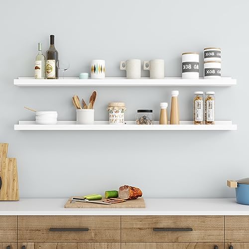 FLYJOE Picture Ledge Shelf, Floating Shelves Set of 2, Solid Ash Wood 48'' Long Large Nursery Book Shelves for Toys Storage, Kids Bookshelf for Living Room Bedroom Decor Books Photo Frames, White