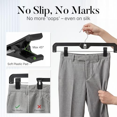 HOUSE DAY 14 Inch Black Plastic Pants Hangers with Clips 12 Pack