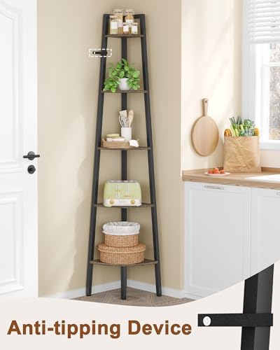 Hoctieon Corner Shelf, 5-Tier Corner Bookshelf, Rustic Ladder Shelf, Industrial Display Stand for Living Room, Kitchen, 