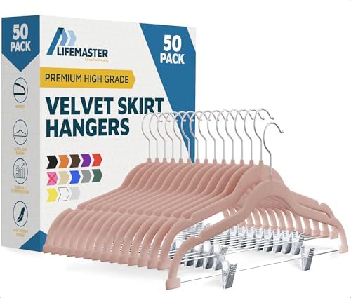 Lifemaster Velvet Pants Hangers – with Adjustable Clips, 360 Degree Swivel Hook, and Non-Slip Shoulder Notch, Holds Up to 10 lbs, for Organizing Skirt, Pants, Dress, and Clothes, Pack of 50, Pink
