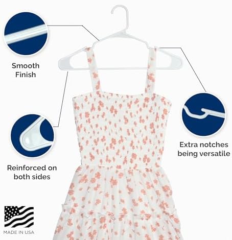 Closetselect Plastic Hangers 50 Pack, Strong Space Saving Notch Hanger, Made in USA, Perfect Shirt or Coat Plastic Hanger, with Shoulder Grooves, White, Notched