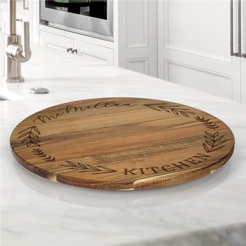 Engraved Family Name and Leaves Personalized Lazy Susan, 16" Rotating Tray