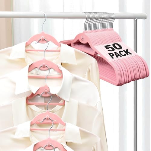 Velvet Felt Stackable Hangers 50 Pack, Thin & Space Saving, Pink