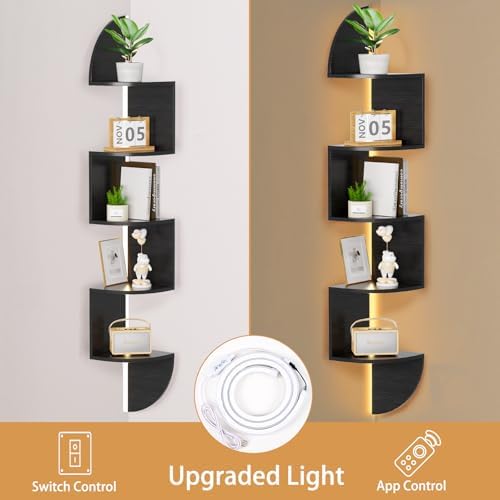 Waipfaru Corner Shelf, 5 Tier Bookshelf with LED Light, Corner Shelf Wall Mounted, Floating Shelves for Wall, Display St